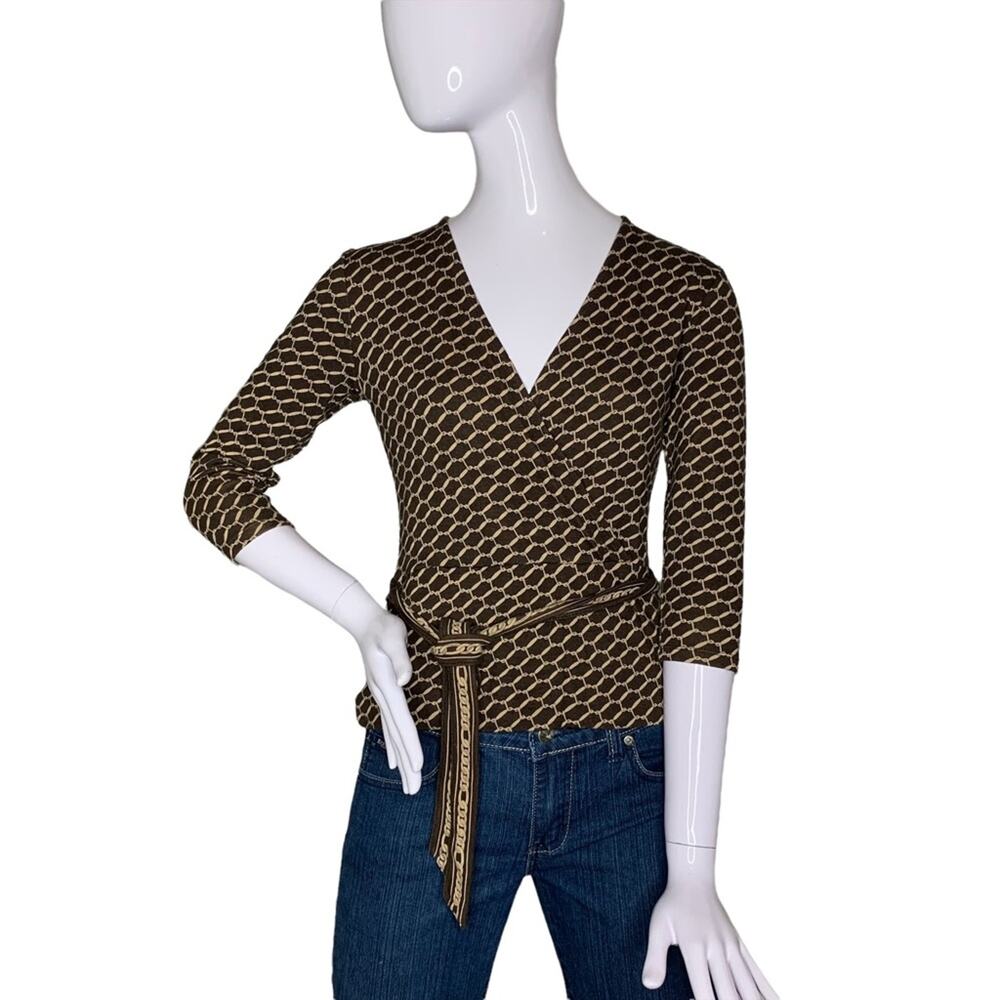 Ann Taylor Top Geometric Chain-Link Print Brown 3/4 Sleeve XS